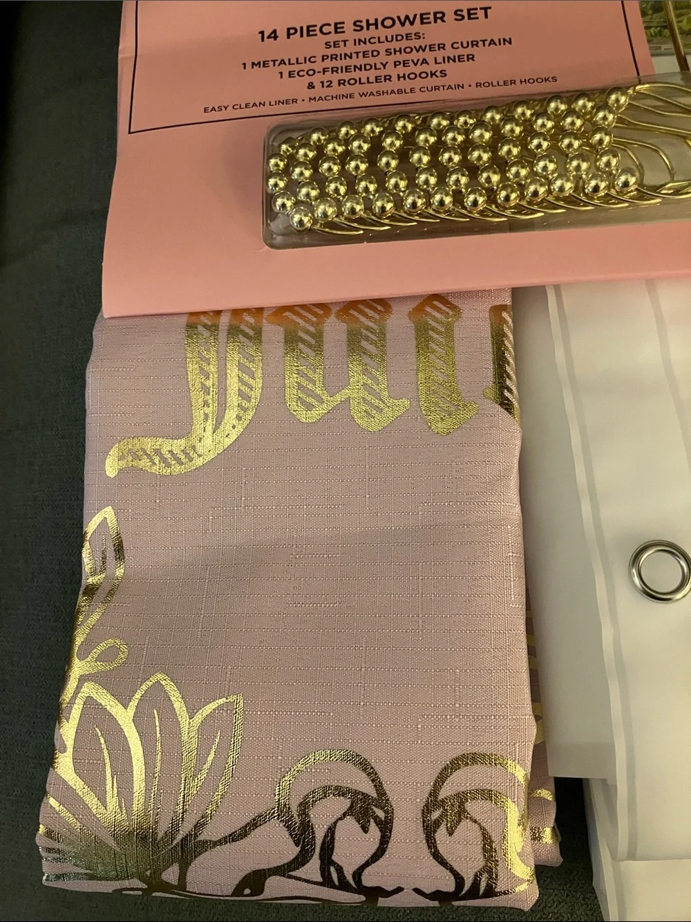 ✨Juicy Couture 14 pc shower set gorgeous pink & gold metallic curtain NWT